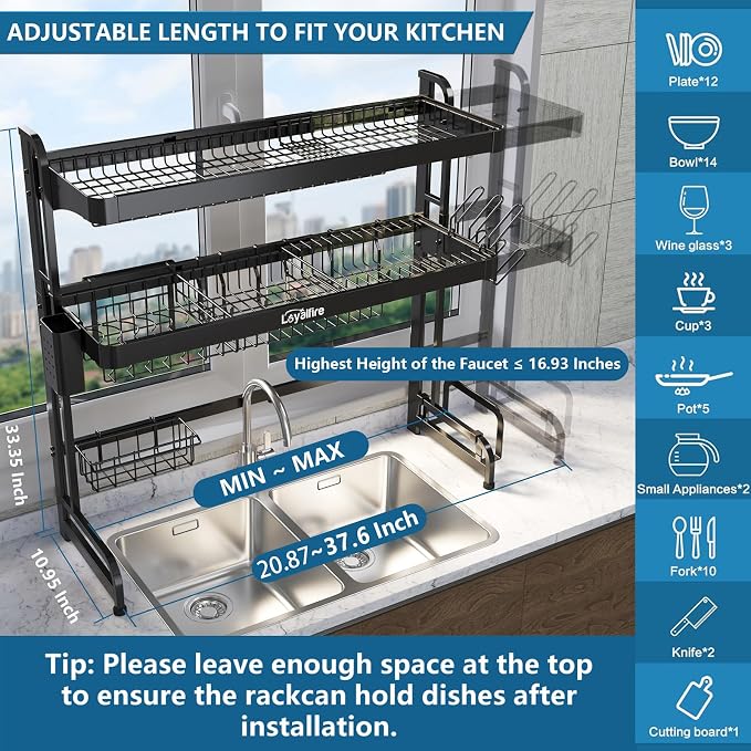Over Sink Dish Drying Rack, 3 Tier Adjustable Length Full Stainless Steel Large - Image 2