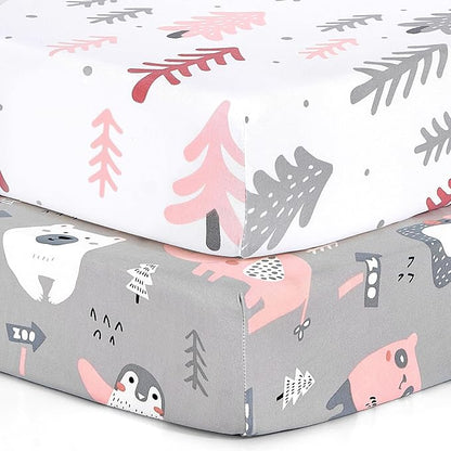 BROLEX 2 Pack Mini Crib Sheets, Stretchy Portable Fitted Playard Sheet Set, Convertible Playard Mattress Cover, Ultra Soft Breathable Material, Jungle Animals