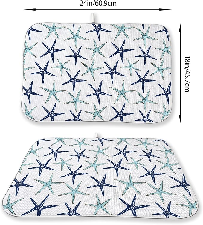 Coastal Dish Drying Mat 18x24 Inch Summer Navy Blue Teal Turquoise Starfish - Image 2