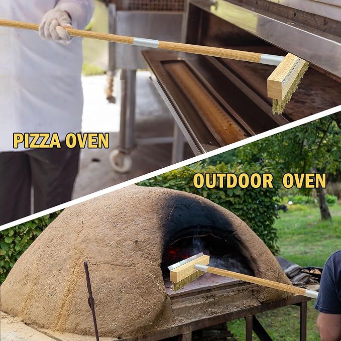 Pizza Oven Brush with Scraper, 60-Inch adjustable-length Long Wood Handle Brass - Image 4