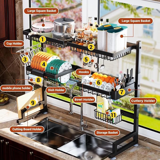 Over The Sink Dish Drying Rack 27-40L x 12W x 32.5-37H Snap-On Design 2 Tier - Image 3