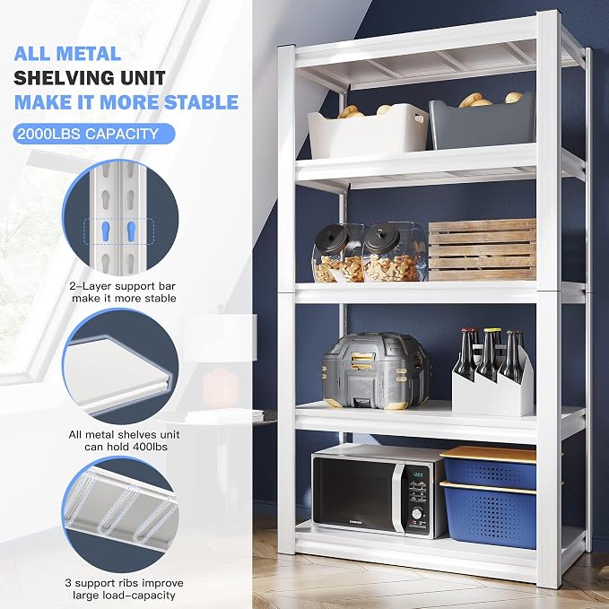 Raybee 5 Tier White Metal Heavy Duty Garage Shelving Unit 2000LBS Storage - Image 6