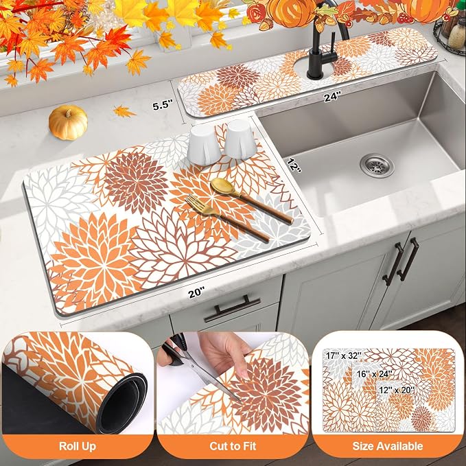 Findosom 2PCS 12" x 20" Fall Dish Drying Mat & 24" x 5.5" Sink Splash Guard - Image 2