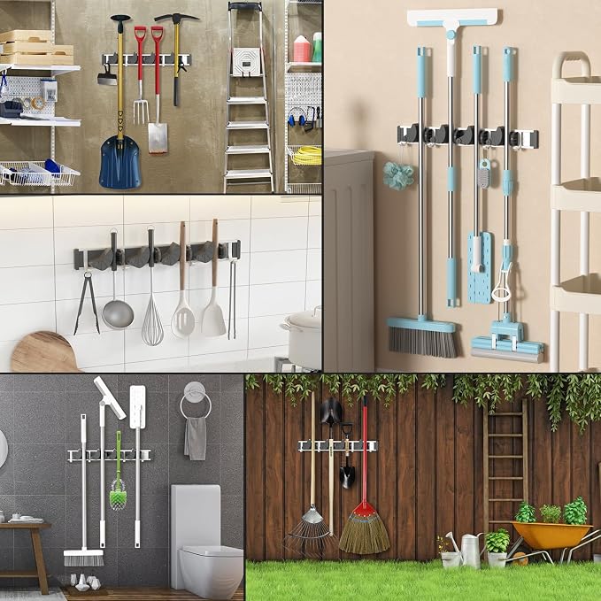 Holikme Mop Broom Holder Wall Mount Metal Pantry Organization and Storage - Image 5