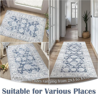 jinchan Fiora Runner Rug 2x6 Washable Hallway Runner - Vintage Floral Non Slip Low-Pile Soft Thin Kitchen Rug Distressed Carpet for Farmhouse Bedroom Entryway Laundry Room(2x6ft, Dark Blue)