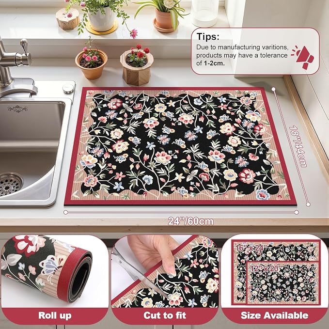 LOKHOM Floral Dish Drying Mat, Cuttable Hide Stain Drying Mat - Image 2