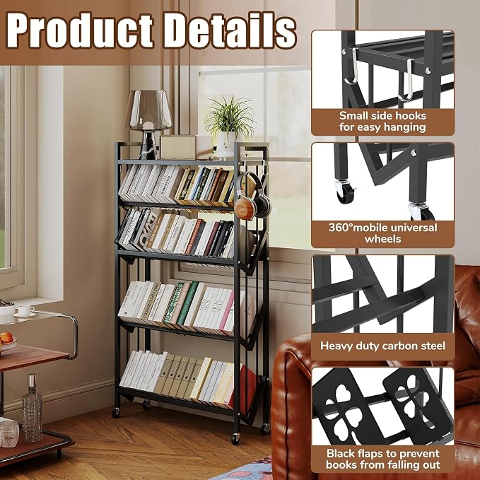 Book Carts 5 Tier 57.7x35.4x9.84 in Rolling Book Cart Large Capacity Bookshelf - Image 3