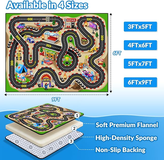 Kids Rug, Race Track Baby Play Mats, 6x9 FT Race Car Rug - Image 2