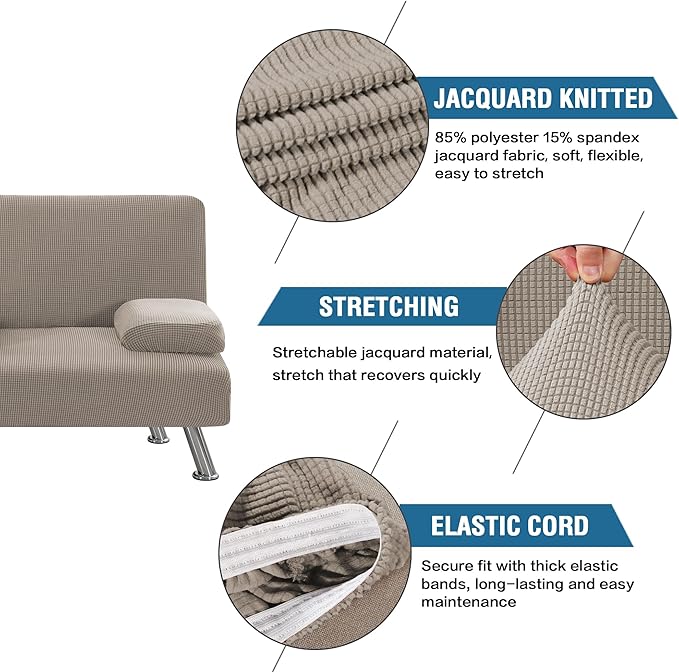 H.VERSAILTEX 4 Pieces Stretch Futon Covers Sofa Bed Slipcover with Removable Armrests and Cupholders Covers Furniture Protector High Spandex Small Checks Jacquard Fabric, Taupe