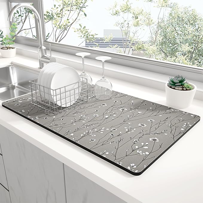 Rnivvi Dish Drying Mat for Kitchen Counter, XL 15 x 24" Cute Flower Theme by Rnivvi