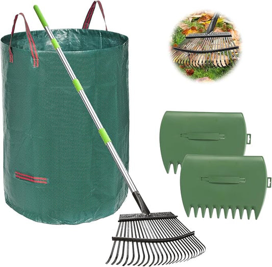 JOYHALO 65 Inch Rake for Leaves, 25 Tines Metal Leaf Rake Set by Joyhalo