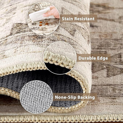 Vintage Hallway Runner Rug 3x14: Large Soft Washable Entryway for Kitchen Laundry Room Non-Slip Backing Runner for Entrance Living Room Bedroom Bathroom - Light Brown