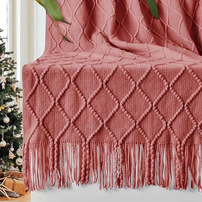 inhand ChristmasThrow Blankets for Couch, Gifts for Women Cozy Home Decor Knit Blanket, Coral Pink Lightweight Decorative Blankets and Throws, Farmhouse Warm Woven Blanket for Men and Women, 50"x60"
