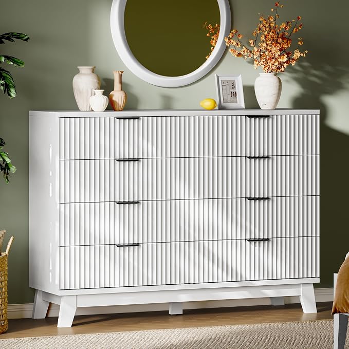 Fluted Dresser with 8 Drawers, Wooden Dresser TV Stand, Wood Closet Clothes by Xixini