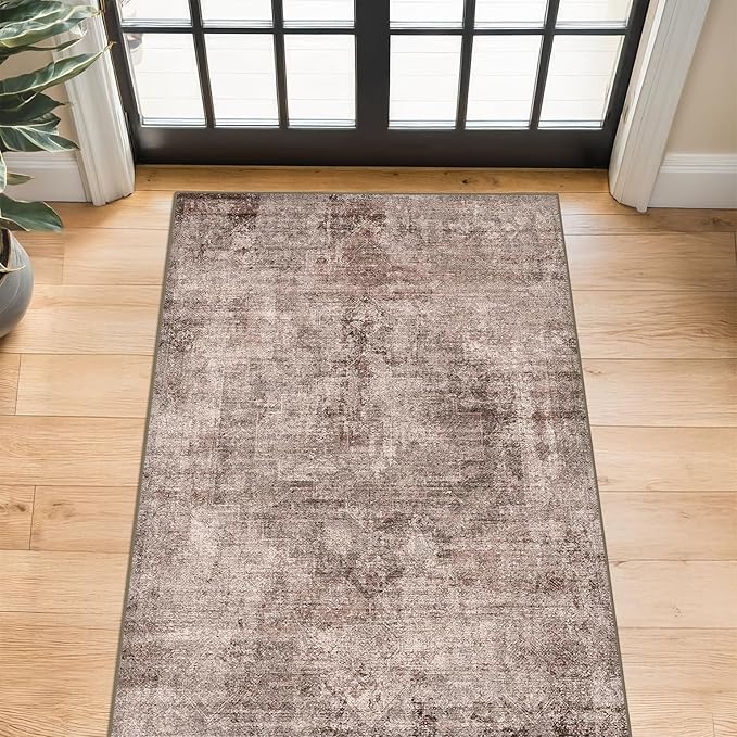 Brown and Red 3x5 Large Washable Entryway Rug, Vintage Home Décor, Low Pile Non Slip Area Rug for Kitchen, Laundry Room, Bedroom Beside Bed, Medallion Abstract Stain Resistant Carpet