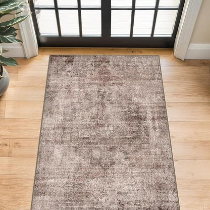 Brown and Red 3x5 Large Washable Entryway Rug, Vintage Home Décor, Low Pile Non Slip Area Rug for Kitchen, Laundry Room, Bedroom Beside Bed, Medallion Abstract Stain Resistant Carpet