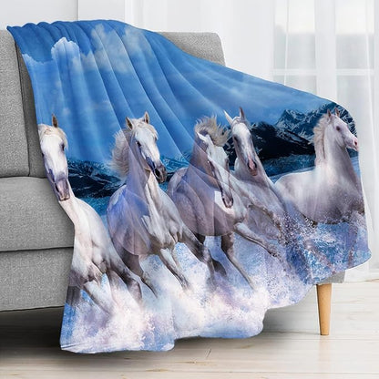 Prancing White Horses Throw Blanket for Couch, Super Soft Fuzzy Throws Warm Comfortable Plush Fleece Blanket, Fashion Decorative Flannel Fleece Blanket for All Season(50 x 60 in, White Horses)