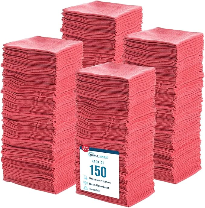 SIMPLI-MAGIC Premium Shop Towels 14”x12”, Commercial Grade Red, 150 Pack by Simpli-Magic