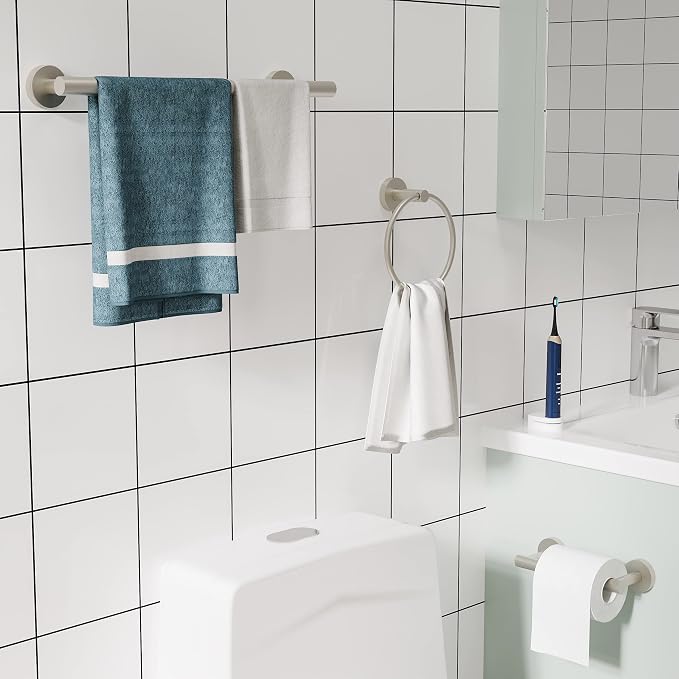 3pc Bathroom Hardware Set with Brushed Toilet Paper Holder & Towel Ring & Towel - Image 2