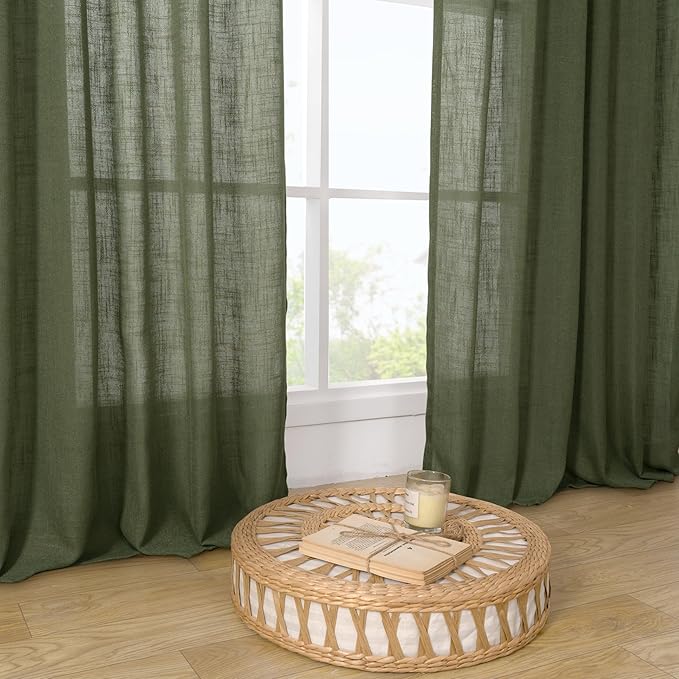 LAMIT Light Filtering Linen Curtains 68 inch for Bedroom, Linen Textured Semi Sheer Back Tab and Rod Pocket Boho Modern Christmas Decor Drapes for Living Room, Olive Green, 2 Panels, 52 x 68 Inch