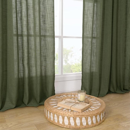LAMIT Light Filtering Linen Curtains 68 inch for Bedroom, Linen Textured Semi Sheer Back Tab and Rod Pocket Boho Modern Christmas Decor Drapes for Living Room, Olive Green, 2 Panels, 52 x 68 Inch