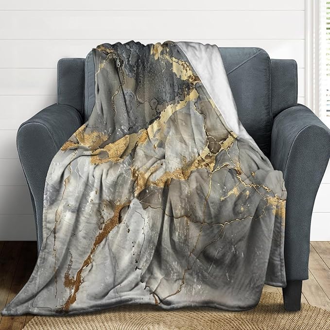 Modern Marble Blanket, Abstract Luxury Baroque Gold Grey Gradient Stone Veins Pattern Soft Warm Cozy Plush Flannel Covers for Livingroom Bedroom Couch Chair Camping Travel Home Decor Tapestry 60x80in
