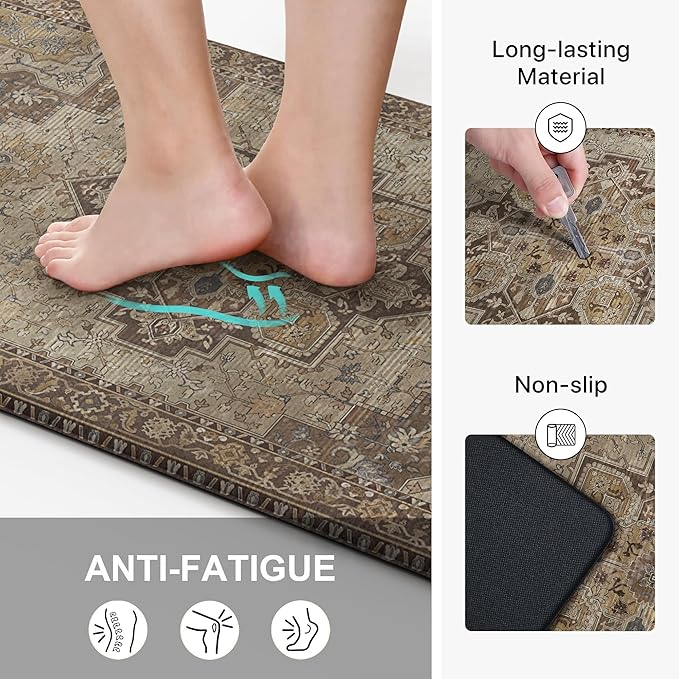 GENIMO Kitchen Mats for Floor, Washable Anti Fatigue Mat for Cushioned, 17.3"x59", Waterproof Kitchen Rugs, Non Slip Foam Comfort Standing Mat Rug for Home, Runner, Sink, Laundry, Rustic Brown