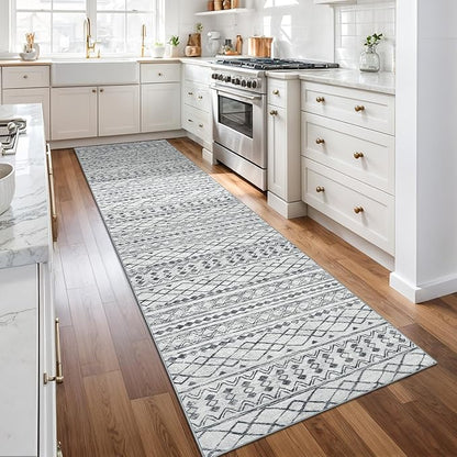 KUTA Boho Runners for Hallways 2.6x10 ft Moroccan Washable Runner Rug Non-Slip Vintage Grey Kitchen Rugs Ultra Soft Distressed Geometric Floor Carpet for Bedroom Laundry Living Room