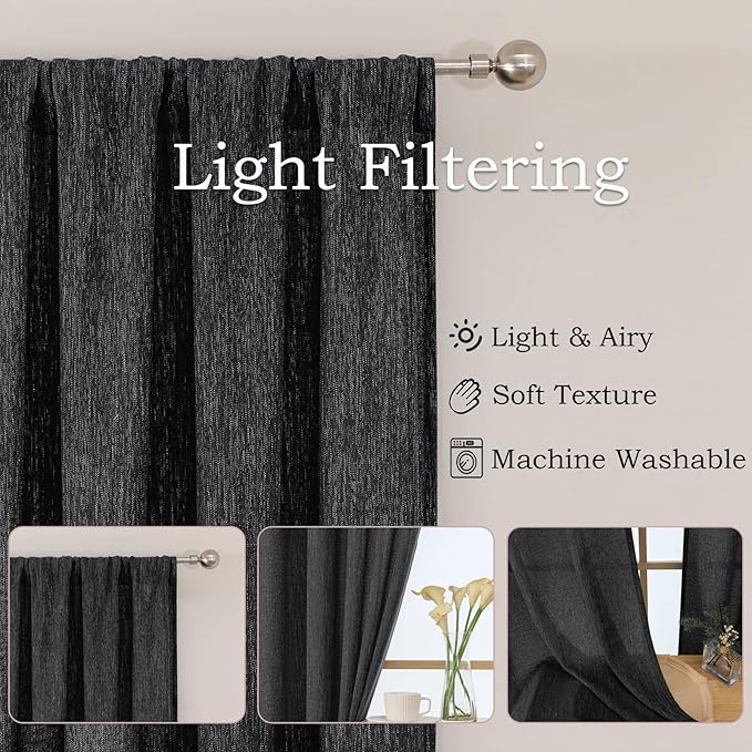 Simplebrand Black Semi Sheer Faux Linen Textured 120 Inches Long Curtains 2 Panels Set, Privacy Farmhouse Window Drapes for Living Room/Birthday Party/Hallway Window Guest Room, 10FT, 50 x 120 Inch