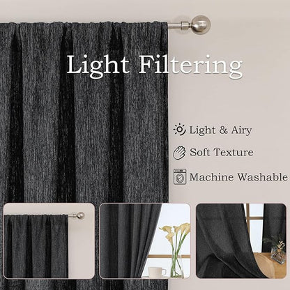 Simplebrand Black Semi Sheer Faux Linen Textured 120 Inches Long Curtains 2 Panels Set, Privacy Farmhouse Window Drapes for Living Room/Birthday Party/Hallway Window Guest Room, 10FT, 50 x 120 Inch