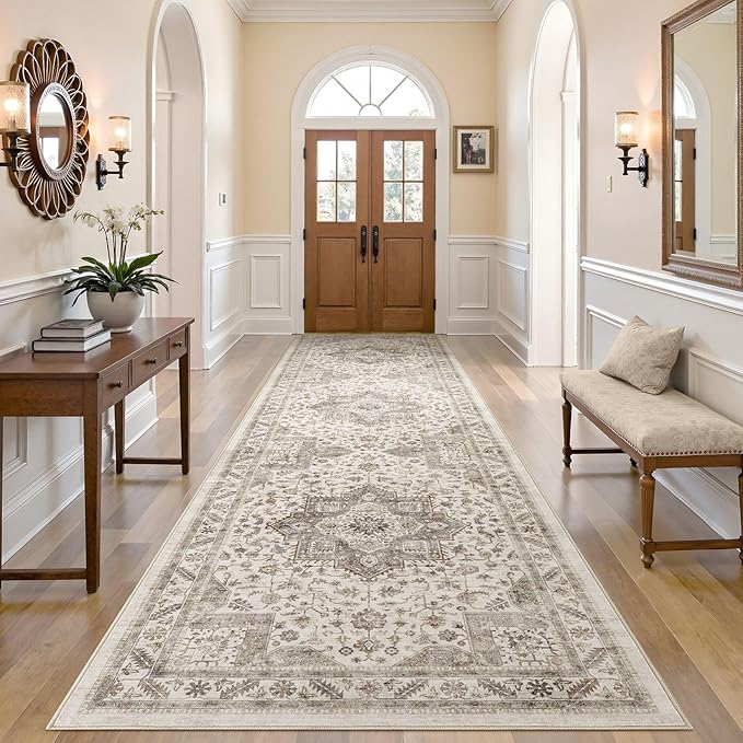 Vintage Hallway Runner Rug 3x10: Large Soft Washable Entryway for Kitchen Laundry Room Non-Slip Backing Runner for Entrance Living Room Bedroom Bathroom - Light Brown