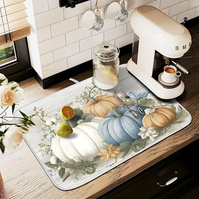 Fall Blue Orange Grey Pumpkin Thanksgiving Dish Drying Mat - Image 8