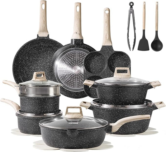 CAROTE 21pcs Pots and Pans Set Nonstick, Cookware Set Black Granite Induction by CAROTE