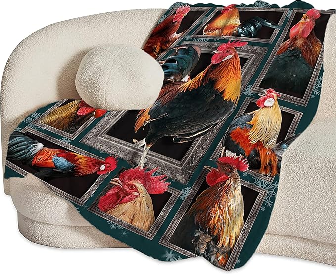 Rooster Chicken Throw Blanket, 60"x50", Multicolor, 100% Polyester Microfiber, Wrinkle Resistant, Colorfast, Unisex Adult, Perfect for Couch, Bed, Camping, Reading, Napping