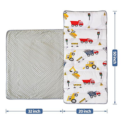 Viviland Toddler Kid Nap Mat for Preschool, Boys Car Truck Slumber Bag, Daycare Sleeping Bag with Pillow and Blanket, Kindergarten Sleep Mat