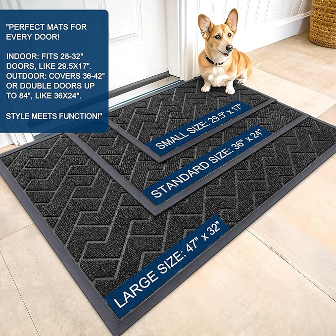 OLANLY Front Door Mat Indoor Outdoor Entrance, Waterproof All-Season, All-Weather Doormat, Sturdy Natural Rubber, Low Profile, Easy Clean Patio Porch Entryway Mat, Herringbone Brick (Black, 36x24)