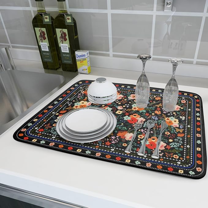 Floral Microfiber Dish Drying Mat Large Absorbent Dish Drainer Rack Pad - Image 6