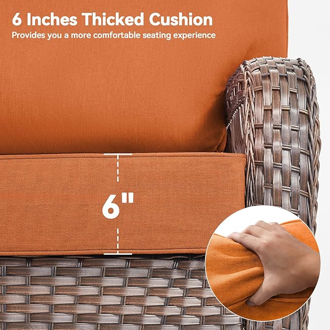 Luxury 6" Outdoor Cushions for Patio Furniture, 24x24x6" Thick Seat Cushion Set of 7, Fade Resistant Couch Chair Replacement Cushions High Density Deep Wicker Chair Cushion w/ Removable Cover, Orange