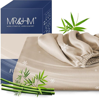 MR&HM Full Fitted Sheet Only, Ultra-Soft Rayon Derived from Bamboo & Polyester Blend, Silky & Breathable, 15" Deep Pocket with Elastic Straps, Cooling Fitted Sheet for Hot Sleepers, Beige