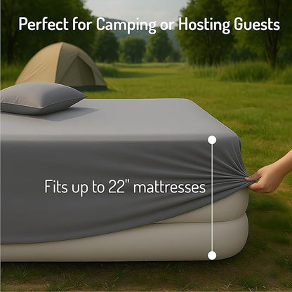 Degrees of Comfort Queen Sheet Set for Air Mattress – 4-Piece Bedding Sets, Extra Deep Pocket Fitted Sheet up to 22”, Dual Side Storage Pockets, Soft, Breathable & Wrinkle-Free, Grey