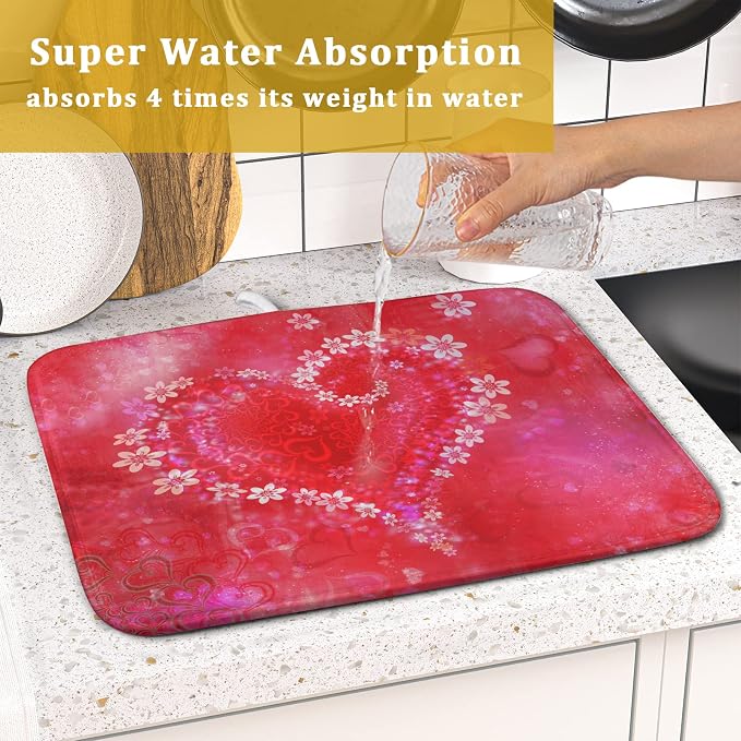 Valentines Day Dish Drying Mat for Kitchen Counter Red Heart Flower Decor - Image 5