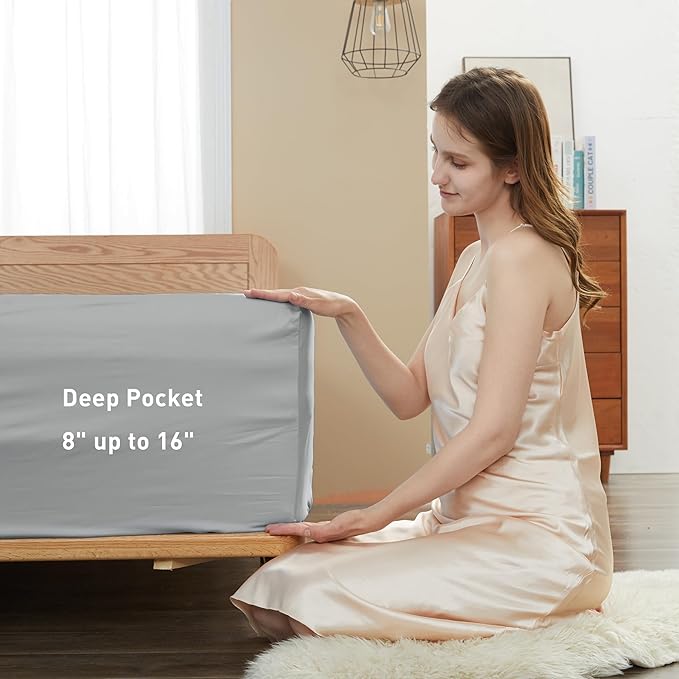 Sunflower Full Fitted Sheet, 1-Piece Deep Pocket Fitted Bottom Sheet 16", 100% Cotton Sateen Soft Breathable, Silver Gray