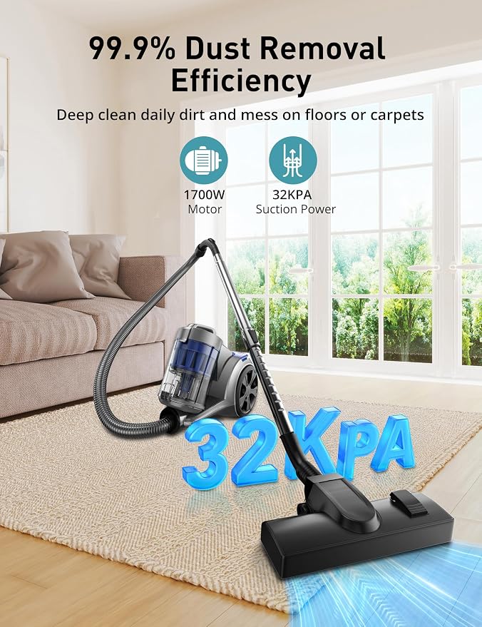 1700W Canister Vacuum Cleaner, 32Kpa Bagless Vacuum Cleaner, 2 Anti-Allergen - Image 2
