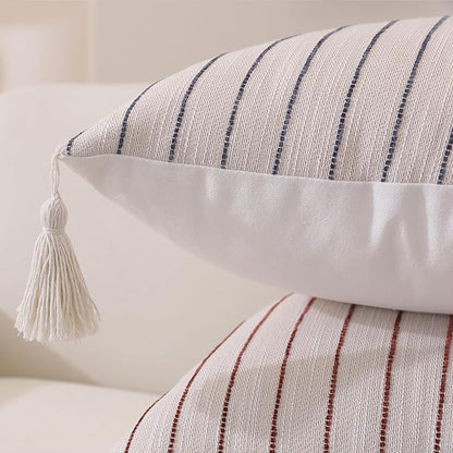 Boho Throw Pillow Covers 20x20 Inch Set of 2, Wine Red Textured Linen Striped Square Pillow Covers with Tassels, Soft & Cozy Farmhouse Décor Pillow Cases for Sofa Couch Bed Living Room Thanksgiving