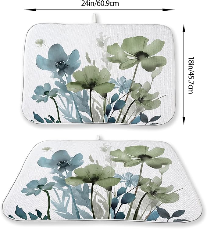 Blue Sage Green Dish Drying Mats 18x24 Inch Mats Vintage Floral Spring Drying - Image 2