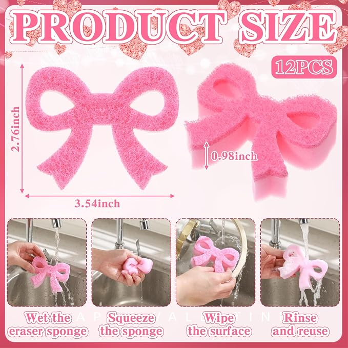 Tioncy 12 Pack Pink Bow Kitchen Sponges Bulk Pink Coquette Dual Sided - Image 3