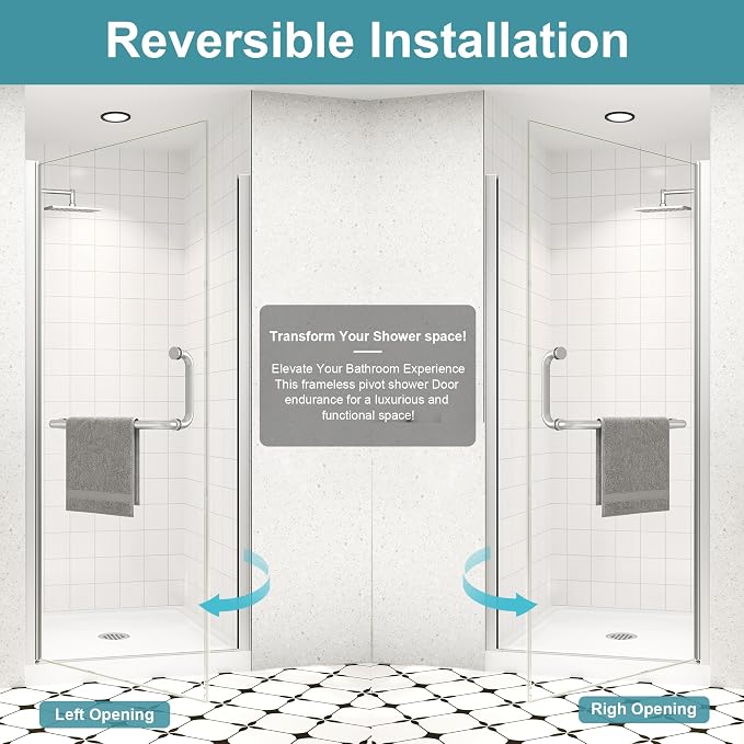 Frameless Pivot Shower Door 36"-38" Wx72 H, 1/4" Clear Nano Coated Tempered - Image 8