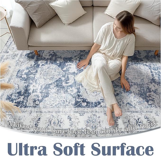 jinchan Fiora Washable Area Rug 3x5 Entryway Rug Distressed Vintage Floral Ultra-Thin Low-Pile Soft Non-Shedding Indoor Floor Carpet for Kitchen Bedroom Entrance Laundry Living Room(3x5ft, Dark Blue)