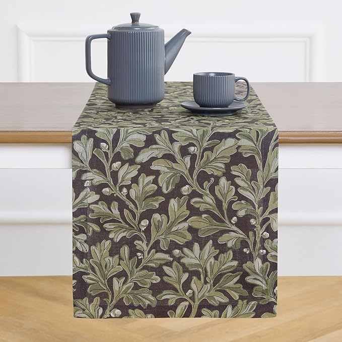 Solino Home 100% Pure Linen Table Runner 72 Inches Long - Floral Print Green and Brown Table Runner 14 x 72 Inch - Handcrafted and Machine Washable - Fallen Leaves Print