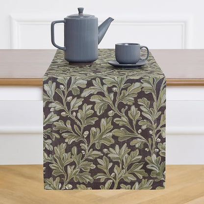 Solino Home 100% Pure Linen Table Runner 72 Inches Long - Floral Print Green and Brown Table Runner 14 x 72 Inch - Handcrafted and Machine Washable - Fallen Leaves Print